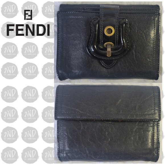 AUTHENTIC FENDI Black Leather & Patent Leather Buckle Small Wallet - Picture 3 of 14